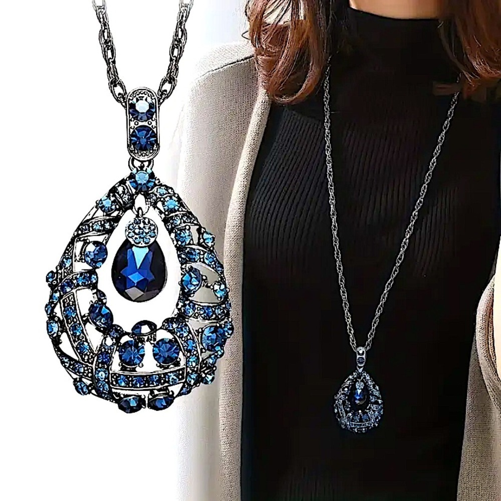 Sapphire Exquisite Vintage Oval Teardrop Pendant Necklace Long l Chain Zirconia